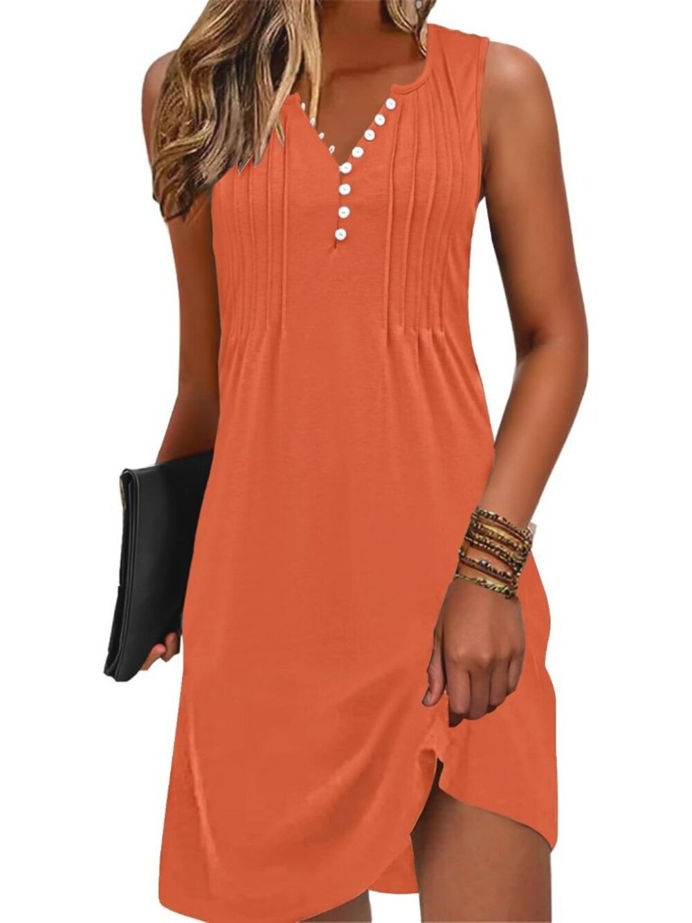 Women's Pure Orange Swim Cover up V-Neck Summer Button Sleeveless Mini Dress